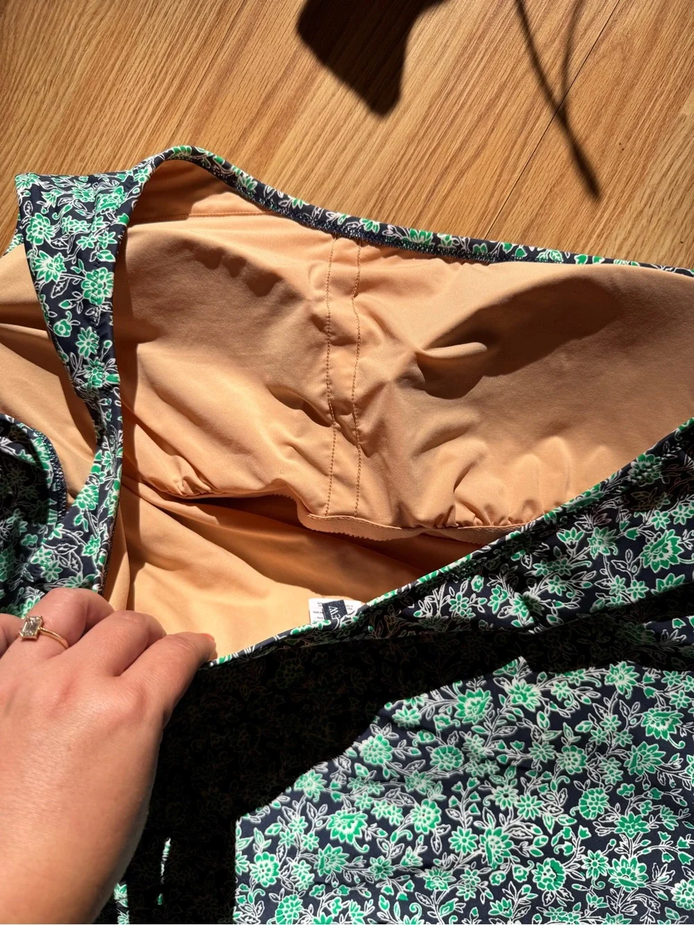 J. Crew Green and Navy Floral Lined One Piece One Shoulder Ruched Side Swimsuit